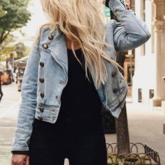 Free People Moto Double Breasted Denim Jacket. Country. Military.Coastal Cowgirl - Picture 5 of 14